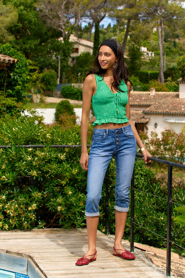 Color:Jean bleu, Pantacourt Rachel JoggJeans Boutons - Vue 2 - Place du Jour