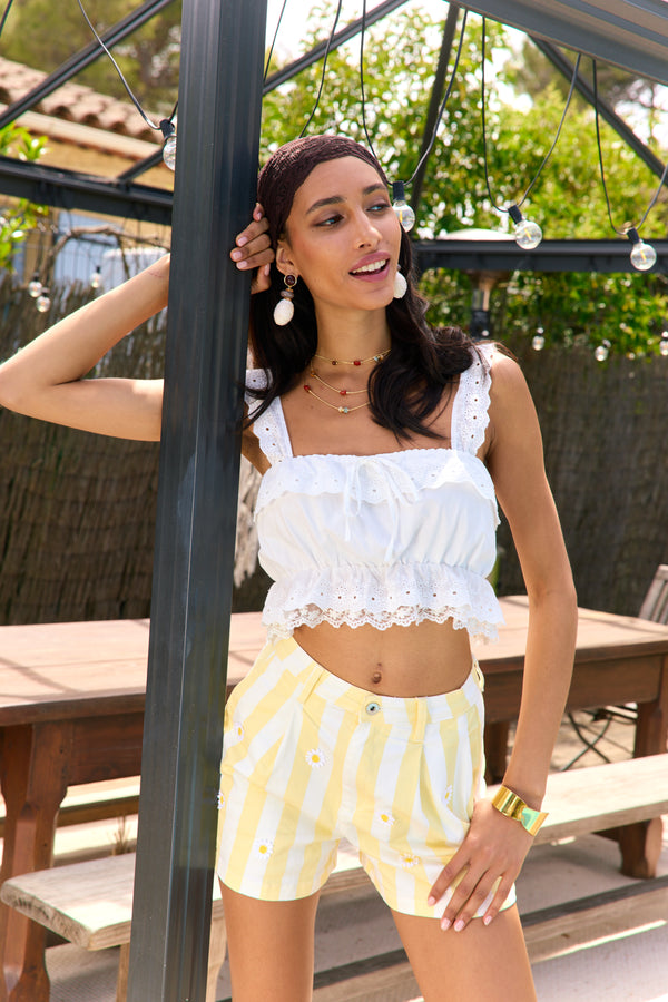 Color:Jaune, Short Rayé à Marguerites - Lookbook - Place du Jour