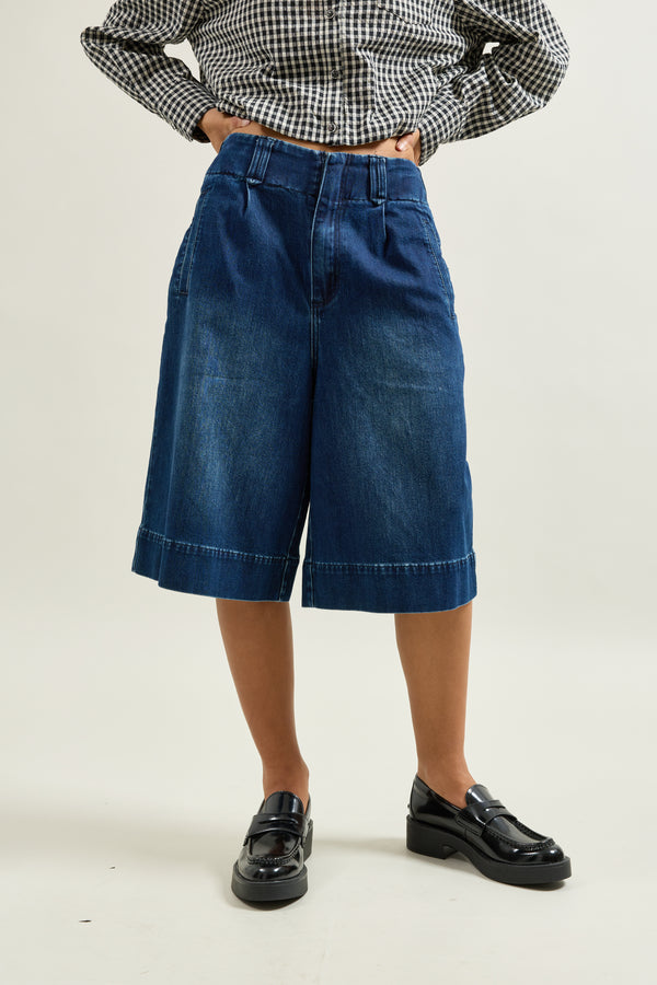 Color:Jean bleu, Jupe Culotte en Jean Taille Haute - Vue 2 - Place du Jour