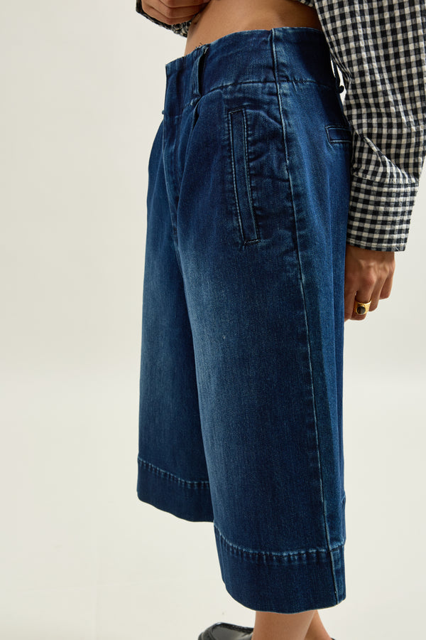 Color:Jean bleu, Jupe Culotte en Jean Taille Haute - Vue 4 - Place du Jour