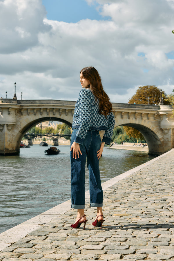 Color:Jean bleu,Veste tweed carreaux Élise - Veste femme - Place du jour
