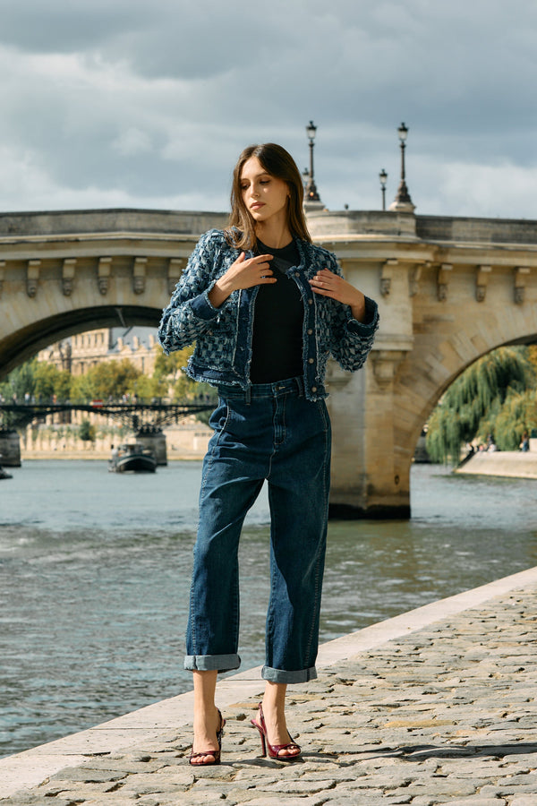 Color:Jean bleu,Veste tweed carreaux Élise - Veste femme - Place du jour
