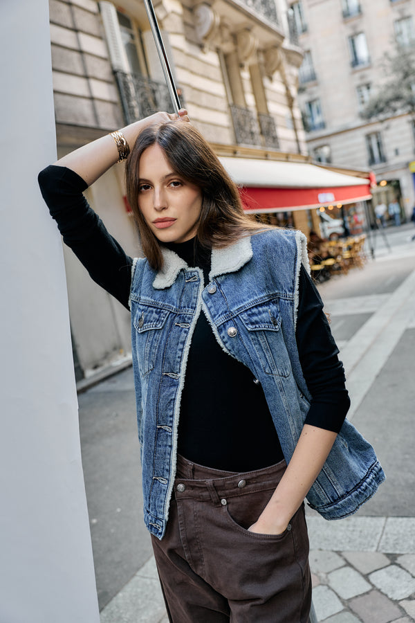 Color:Jean bleu, Veste sans manches doublée moumoute - Veste femme - Place du jour