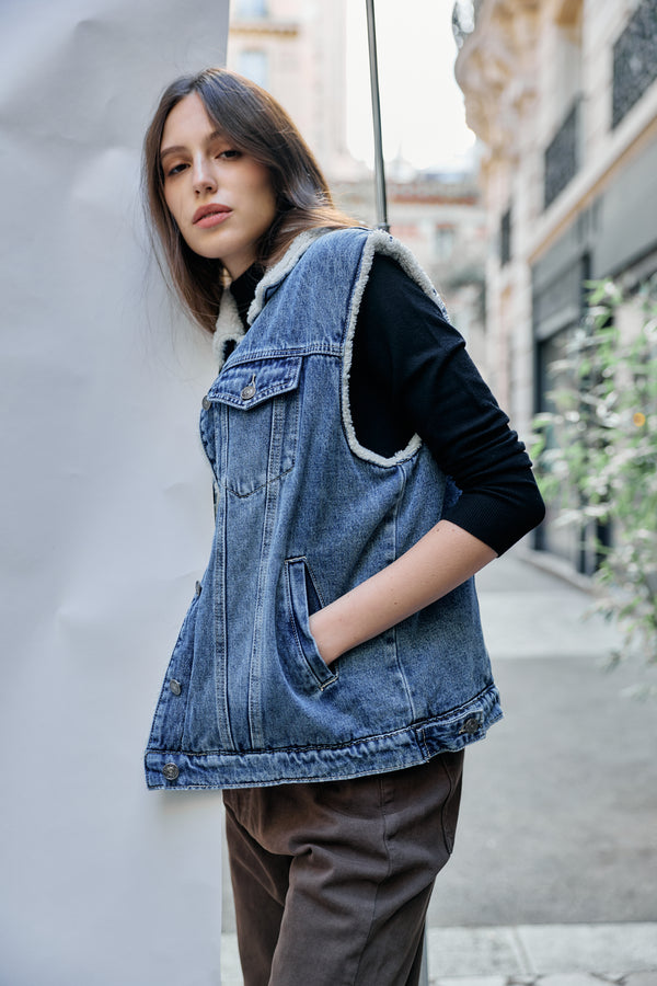 Color:Jean bleu, Veste sans manches doublée moumoute - Veste femme - Place du jour