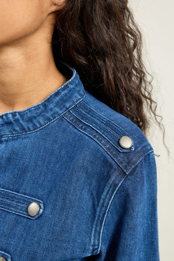 Color:Jean bleu, Veste Napoléon Denim Officier - Vue 9 - Place du Jour