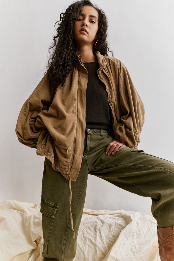 Color:Taupe, Blouson Oversize Velours Broderie Anglaise - Vue 2 - Place du Jour