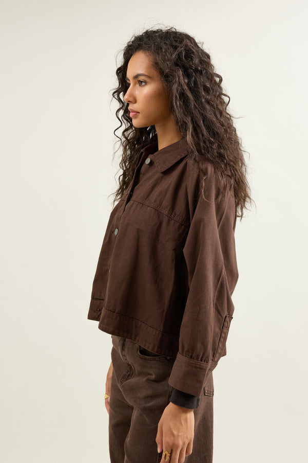 Color:Choco, Veste Courte Boutonnée Col Chemise - Vue 3 - Place du Jour