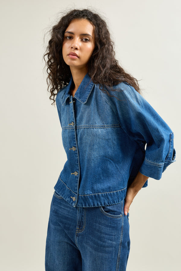 Color:Jean bleu fonce, Veste Courte Boutonnée Col Chemise - Vue 2 - Place du Jour