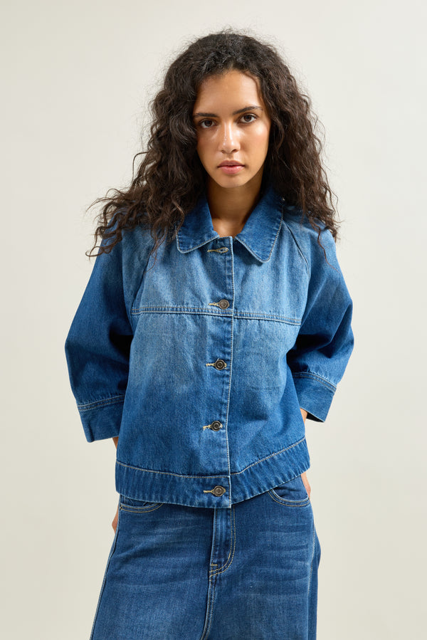 Color:Jean bleu fonce, Veste Courte Boutonnée Col Chemise - Vue 3 - Place du Jour