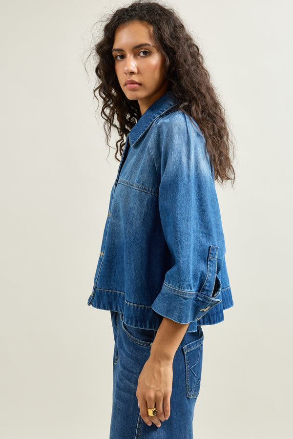 Color:Jean bleu fonce, Veste Courte Boutonnée Col Chemise - Vue 4 - Place du Jour