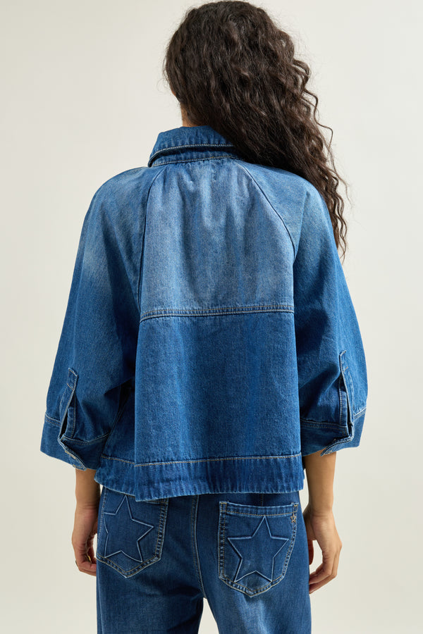 Color:Jean bleu fonce, Veste Courte Boutonnée Col Chemise - Vue 5 - Place du Jour