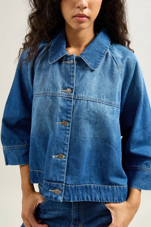 Color:Jean bleu fonce, Veste Courte Boutonnée Col Chemise - Vue 6 - Place du Jour
