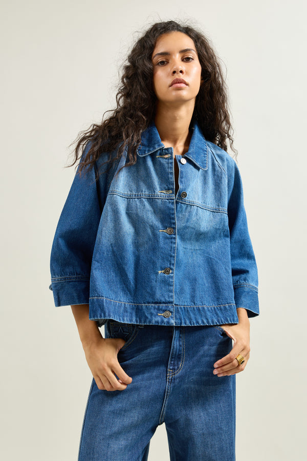 Color:Jean bleu fonce, Veste Courte Boutonnée Col Chemise - Vue 7 - Place du Jour