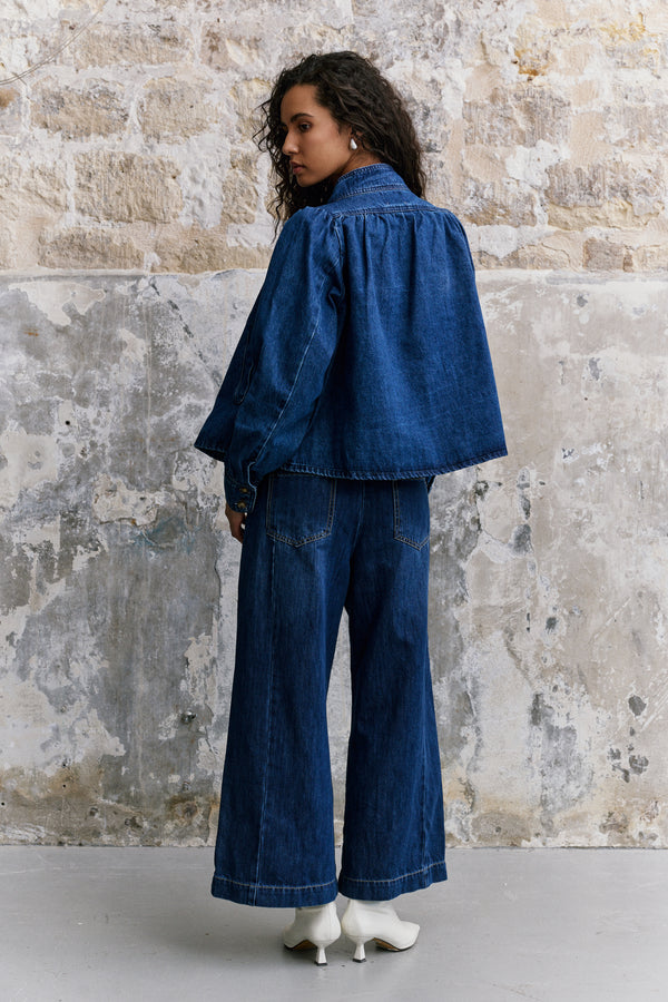 Color:Jean bleu fonce, Blouson Jean Col Officier - Vue 6 - Place du Jour