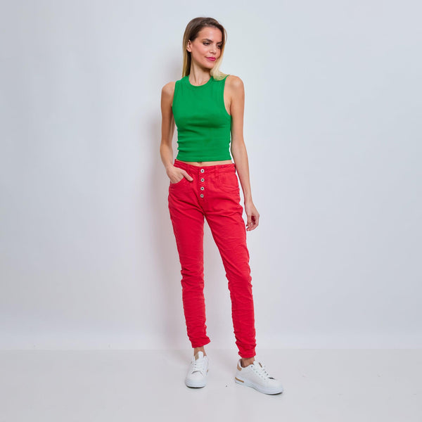 Color:Rouge ,Boyfriend Taille Haute à Boutons - Jean femme - Place du jour