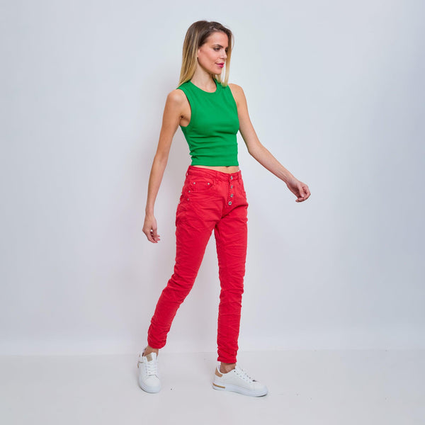 Color:Rouge ,Boyfriend Taille Haute à Boutons - Jean femme - Place du jour