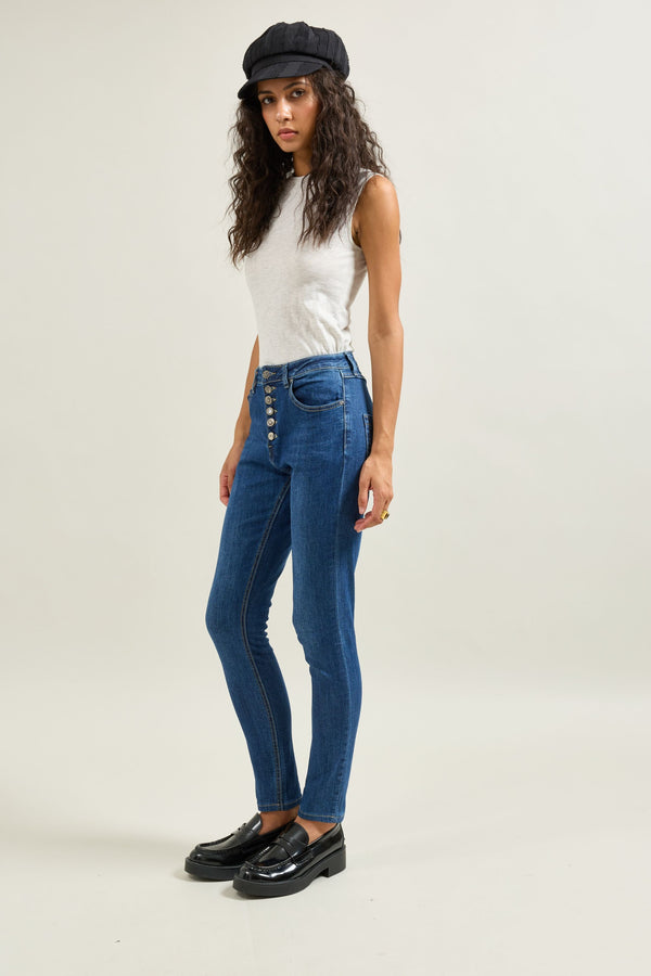 Color:Jean bleu fonce, Pantalon Boyfriend à Boutons Fantaisies Argentés - Vue 2 - Place du Jour