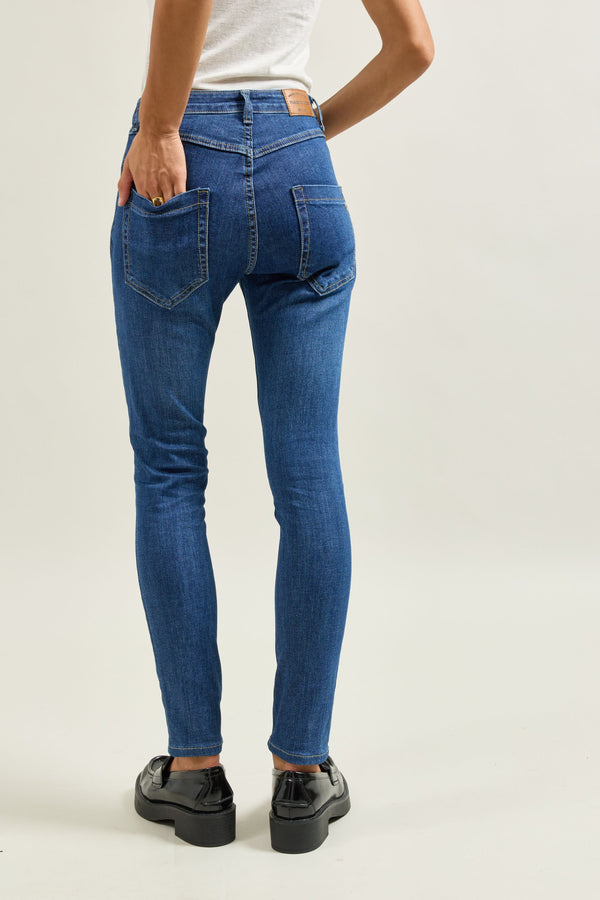 Color:Jean bleu fonce, Pantalon Boyfriend à Boutons Fantaisies Argentés - Vue 3 - Place du Jour