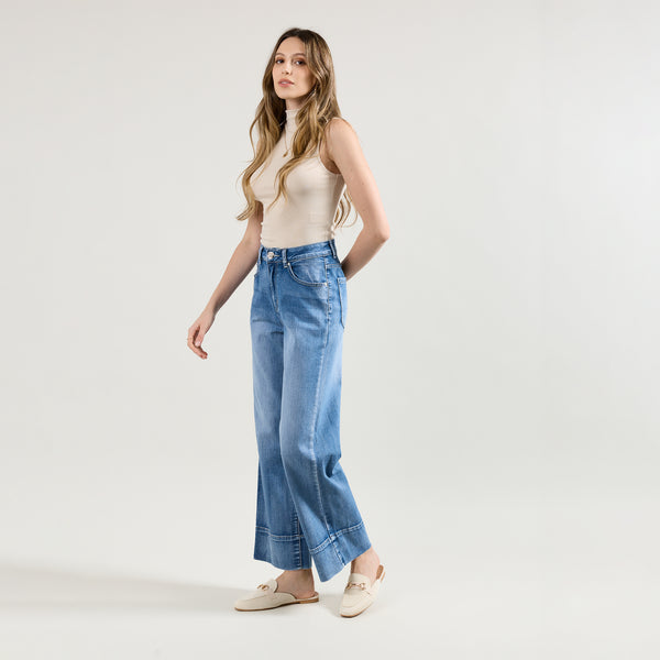 Color:Jean bleu,Pantalon coupe droite ourlet marqué - Jean femme - Place du jour
