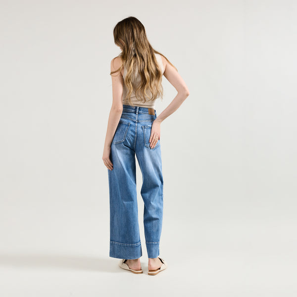 Color:Jean bleu,Pantalon coupe droite ourlet marqué - Jean femme - Place du jour