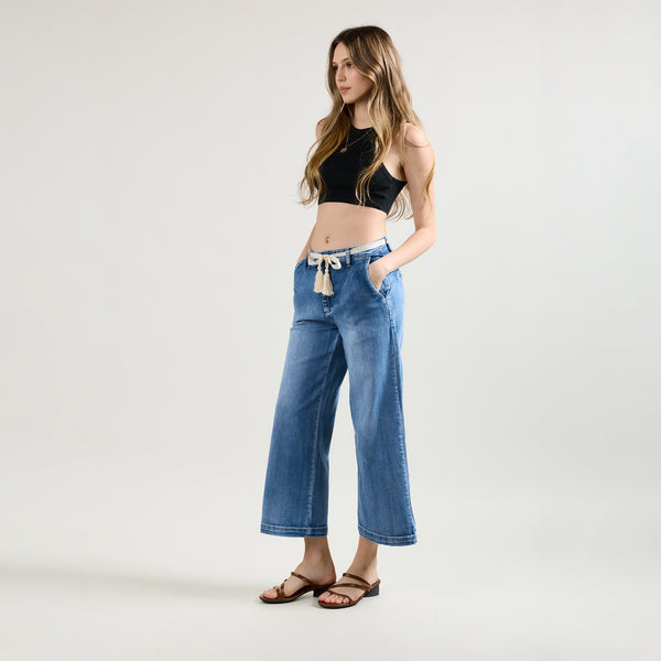 Color:Jean bleu,Jean chino coupe droite 7/8 - Jean femme - Place du jour