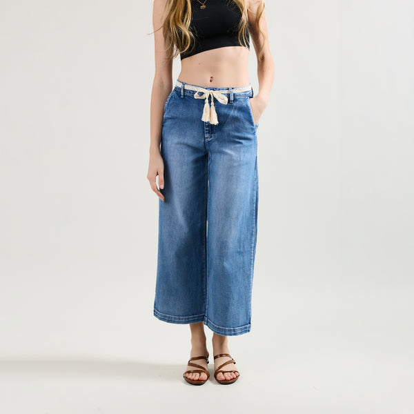 Color:Jean bleu,Jean chino coupe droite 7/8 - Jean femme - Place du jour
