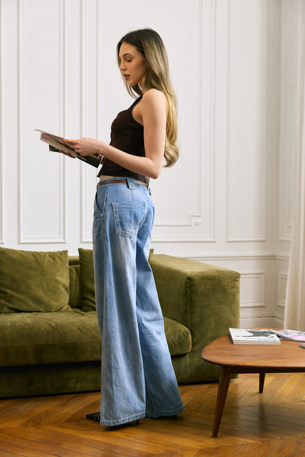 Color:Jean bleu clair,Jean coupe large grande poche - Jean femme - Place du jour