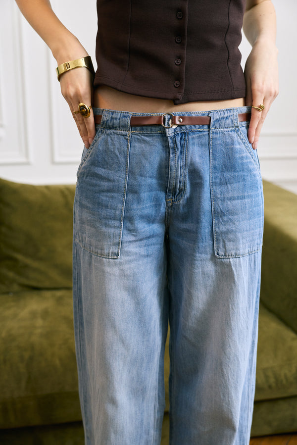 Color:Jean bleu clair,Jean coupe large grande poche - Jean femme - Place du jour