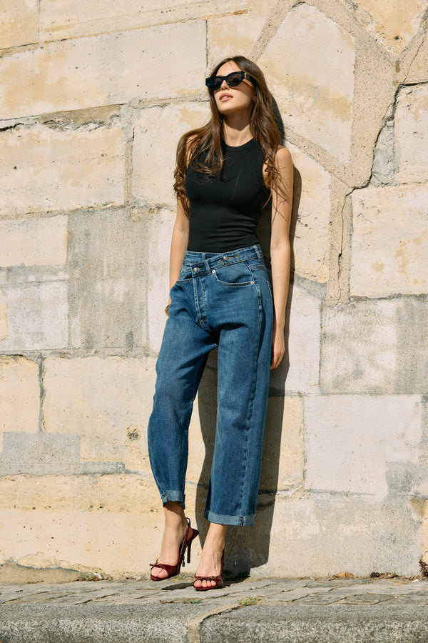 Color:Jean bleu fonce,Jean Loose Cross à Fermeture Asymétrique - Jean Femme - Place du jour