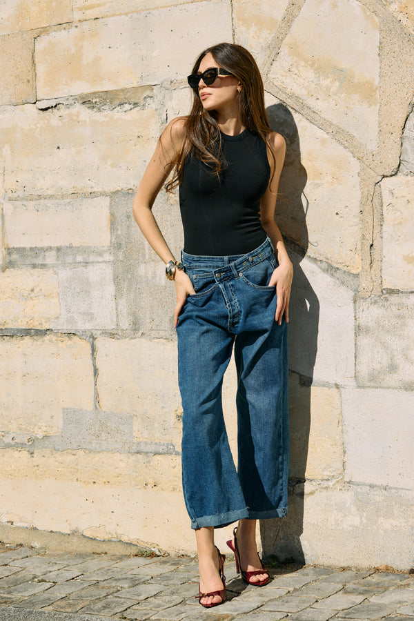 Color:Jean bleu fonce,Jean Loose Cross à Fermeture Asymétrique - Jean Femme - Place du jour