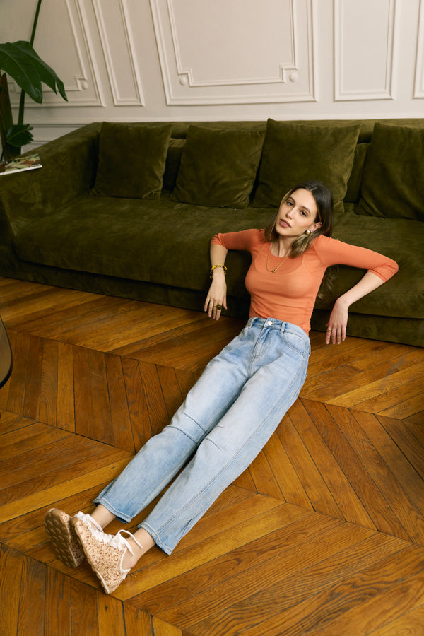 Color:Jean bleu clair, Jean ballon effet pince - Jean femme - Place du jour