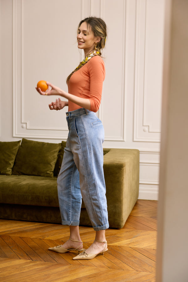 Color:Jean bleu clair,Pantalon chino coupe ballon - Pantalon femme - Place du jour