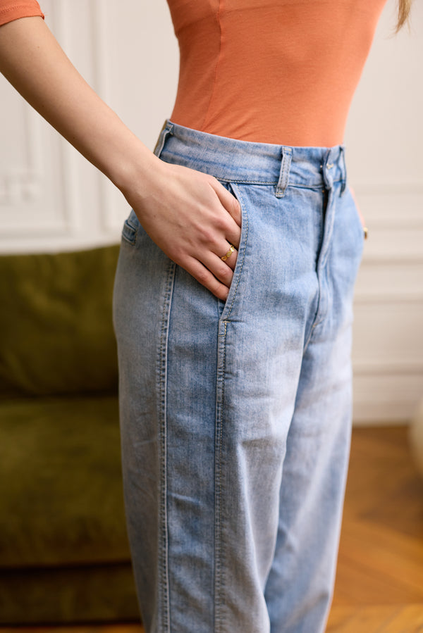 Color:Jean bleu clair,Pantalon chino coupe ballon - Pantalon femme - Place du jour