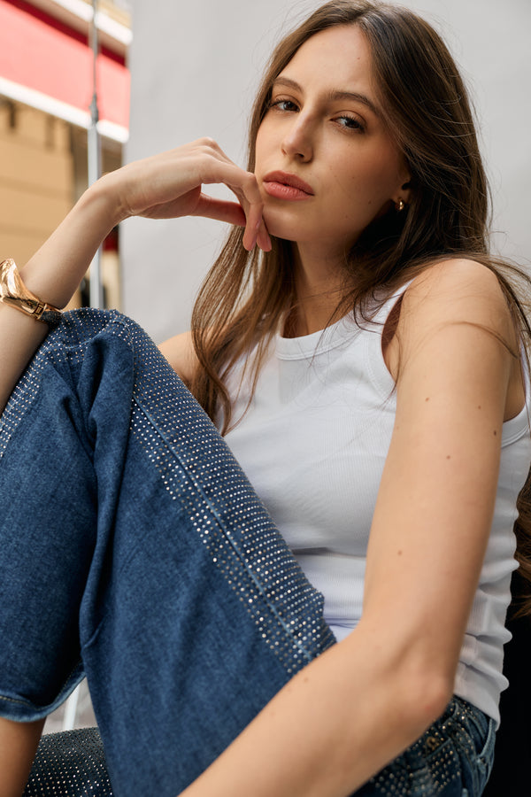 Color:Jean bleu, Jean Stacy coupe droite avec strass - Jean femme - Place du jour