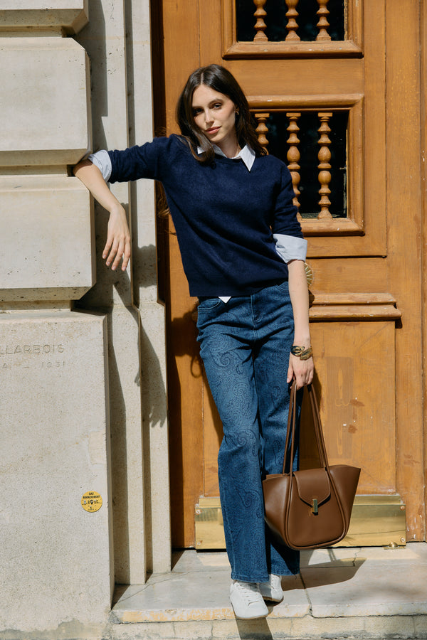 Color:Jean bleu, Jean imprimé paisley coupe droite - Jean femme - Place du jour