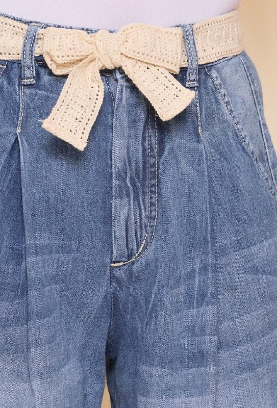 Color:Jean bleu, Pantalon Iris Jupe Culotte Fluide - Détail ceinture - Place du Jour