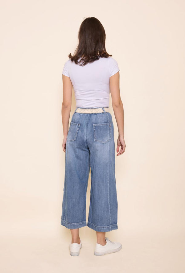 Color:Jean bleu, Pantalon Iris Jupe Culotte Fluide - Vue de dos - Place du Jour
