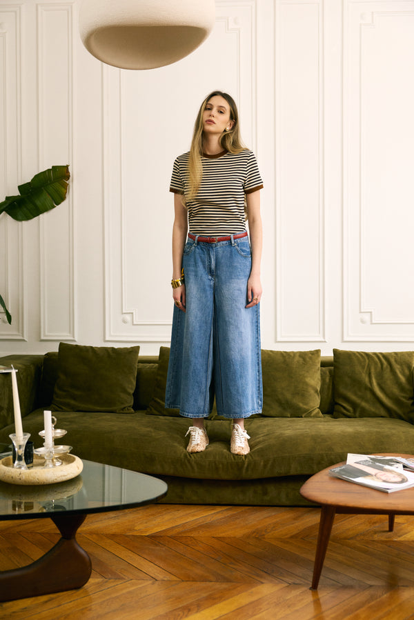 Color:Jean bleu, Jean Jupe Culotte Large - Vue de face 2 - Place du Jour