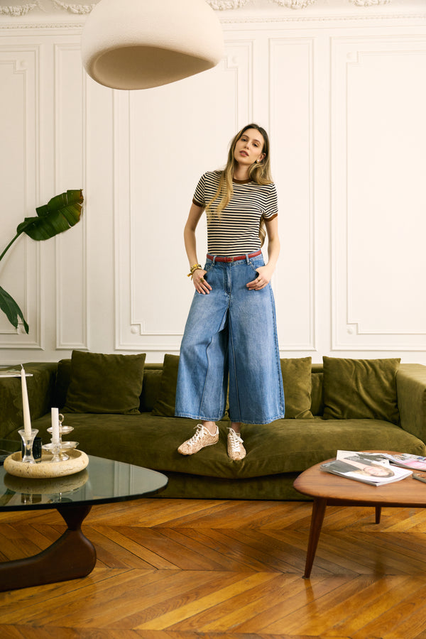 Color:Jean bleu, Jean Jupe Culotte Large - Vue 3/4 - Place du Jour