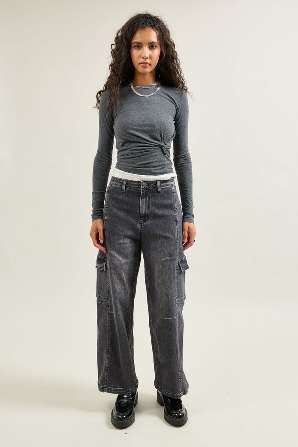 Color:Jean noir, Pantalon Cargo Taille Haute Coupe Droite - Vue 2 - Place du Jour