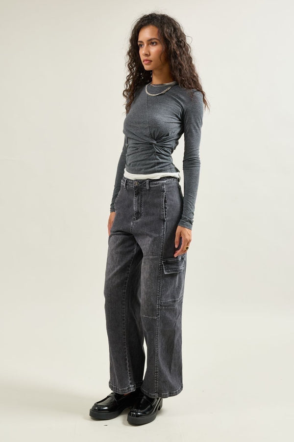 Color:Jean noir, Pantalon Cargo Taille Haute Coupe Droite - Vue 3 - Place du Jour