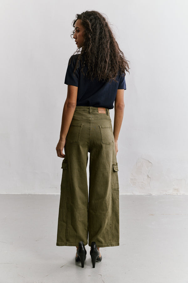 Color:Kaki foncé, Pantalon Cargo Taille Haute Coupe Droite - Vue 5 - Place du Jour
