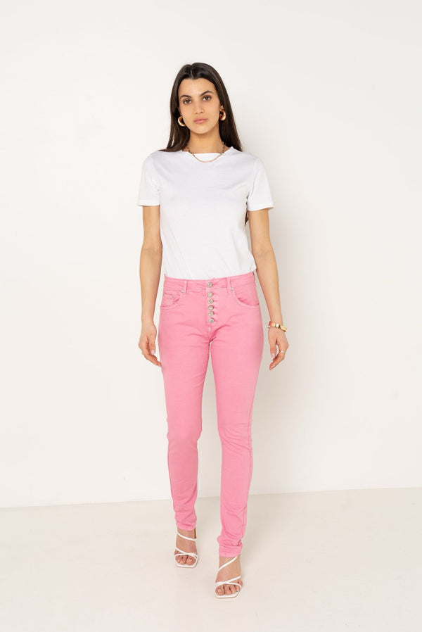 Color:Rose ,Boyfriend avec boutons fantaisies - Pantalon Couleurs Femme - Place du jour
