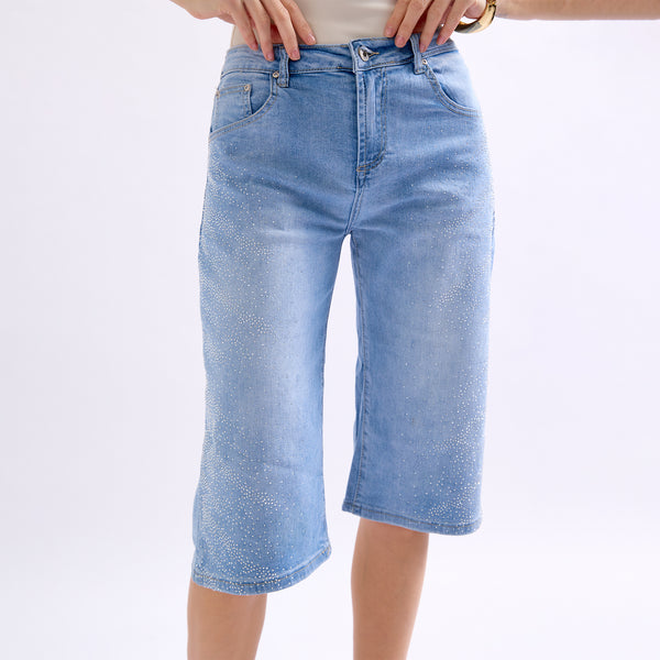 Color:Jean bleu clair,Pantacourt à Strass en Jean - Place du jour