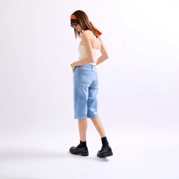 Color:Jean bleu clair,Pantacourt à Strass en Jean - Place du jour