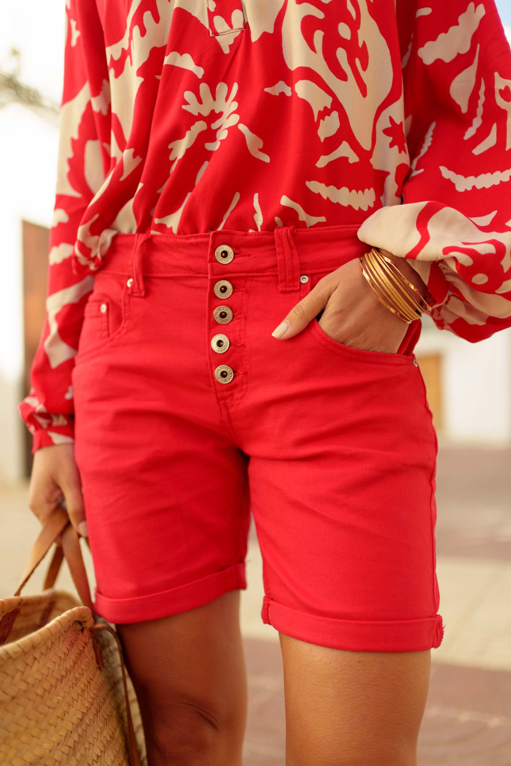 Rouge,Short Femme Taille Haute à Boutons - Place du jour Rouge,Short Femme Taille Haute à Boutons - Place du jour