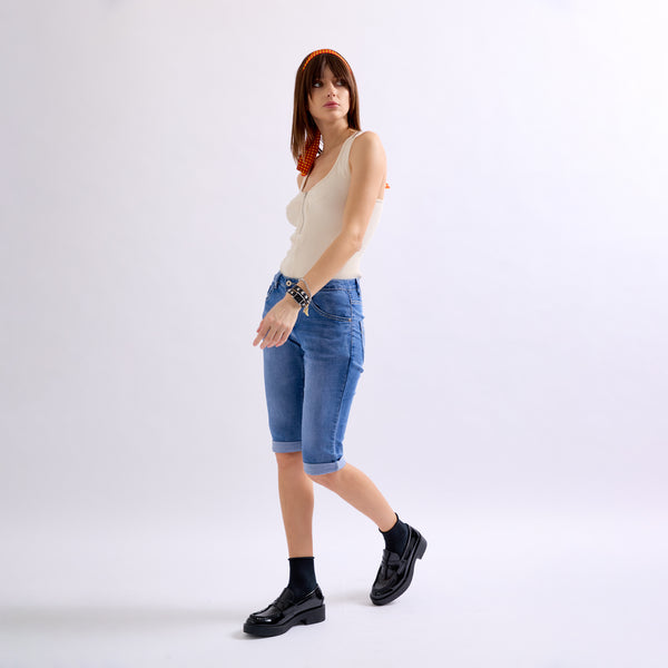 Color:Jean bleu,Bermuda Jenny en joggjeans à boutons - Femme en Coton - Place du Jour