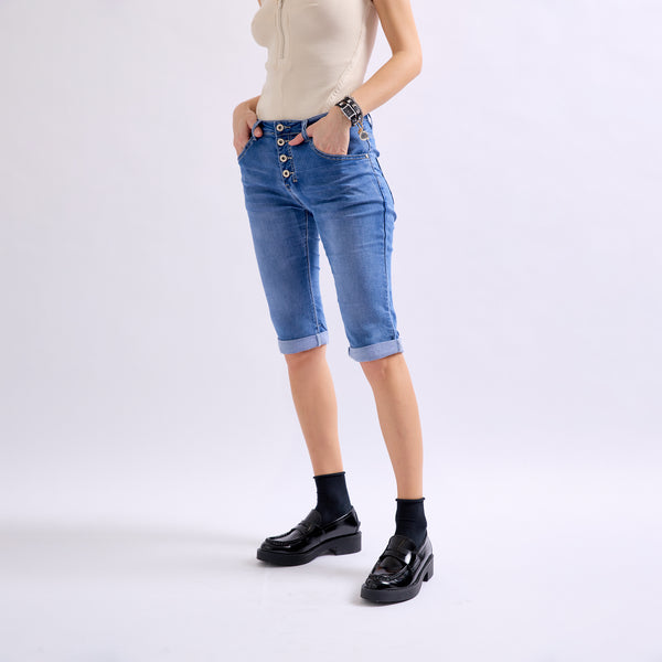 Color:Jean bleu,Bermuda Jenny en joggjeans à boutons - Femme en Coton - Place du Jour