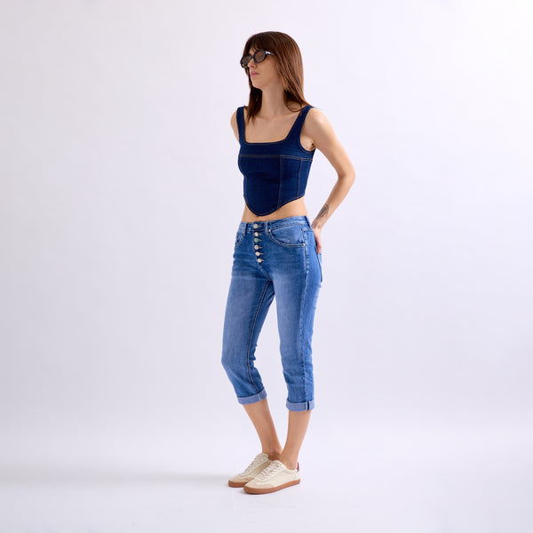 Color:Jean bleu,Pantacourt Jean Boutons - Jean Femme - Place du jour