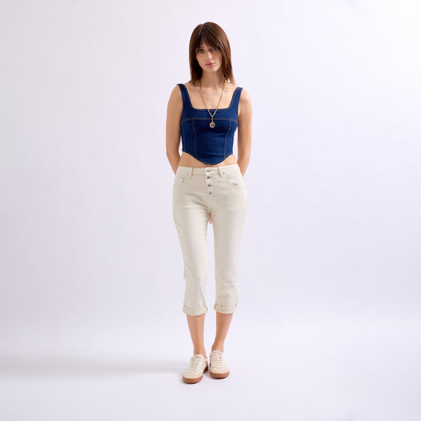 Color:Beige , Pantacourt en JoggJeans à Boutons - Pantacourt Femme - Place du jour